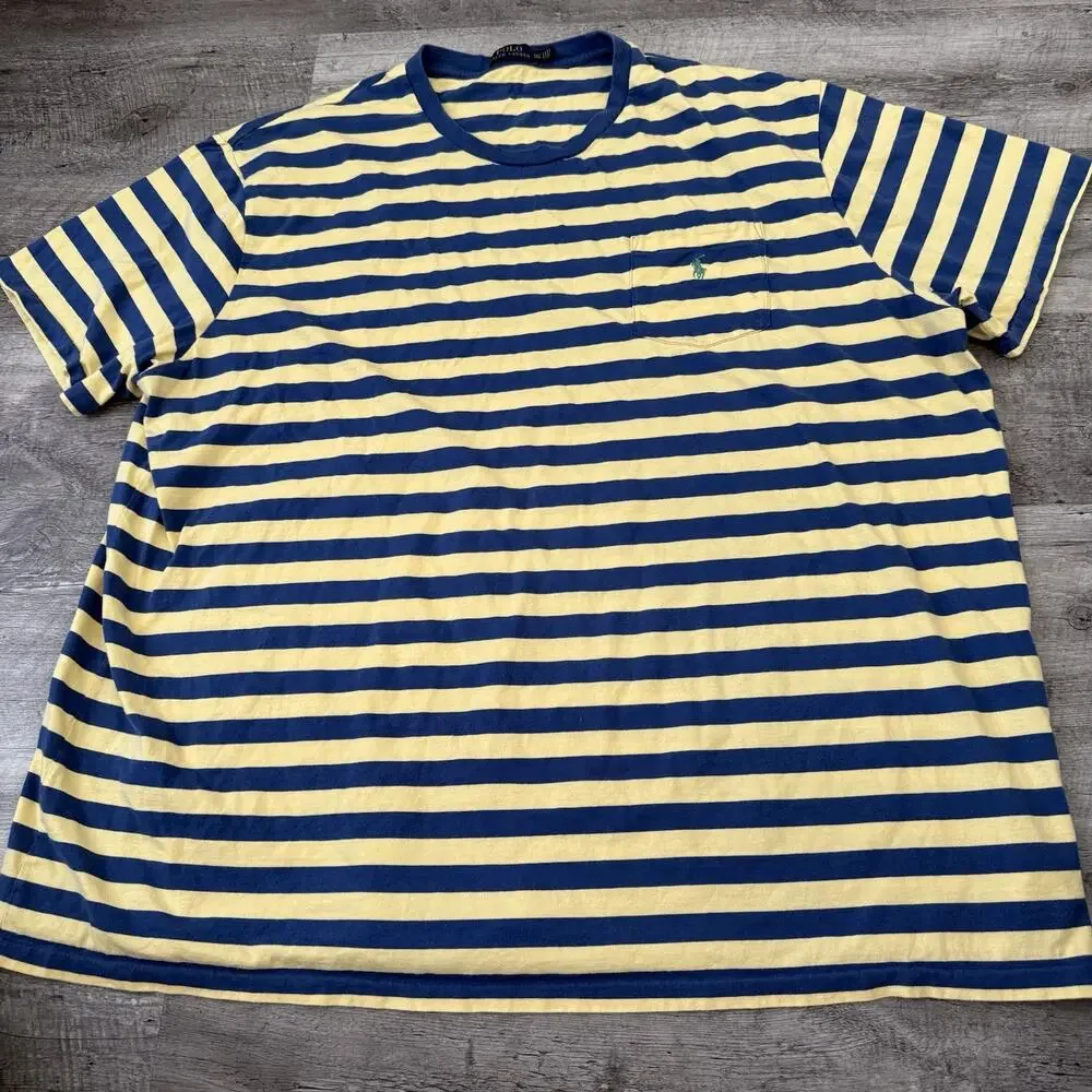 POLO Ralph Lauren T-Shirt Mens 4XLT Tall Yellow Blue Striped Pony Short Sleeve